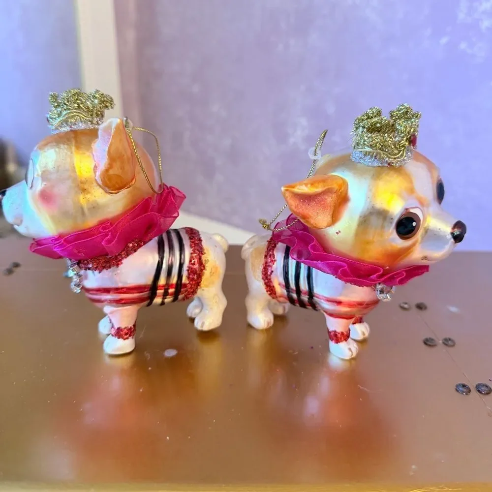 Hand Blown Chihuahua Dog Figurine with Crown and Pink Collar
